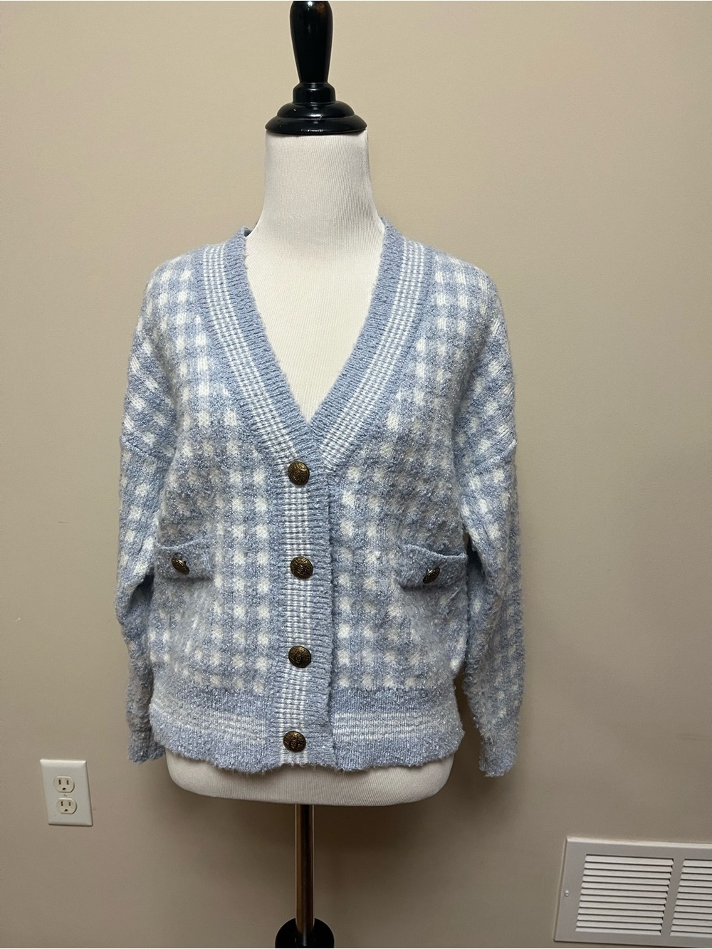 Soft Blue Houndstooth V-Neck Button Cardigan